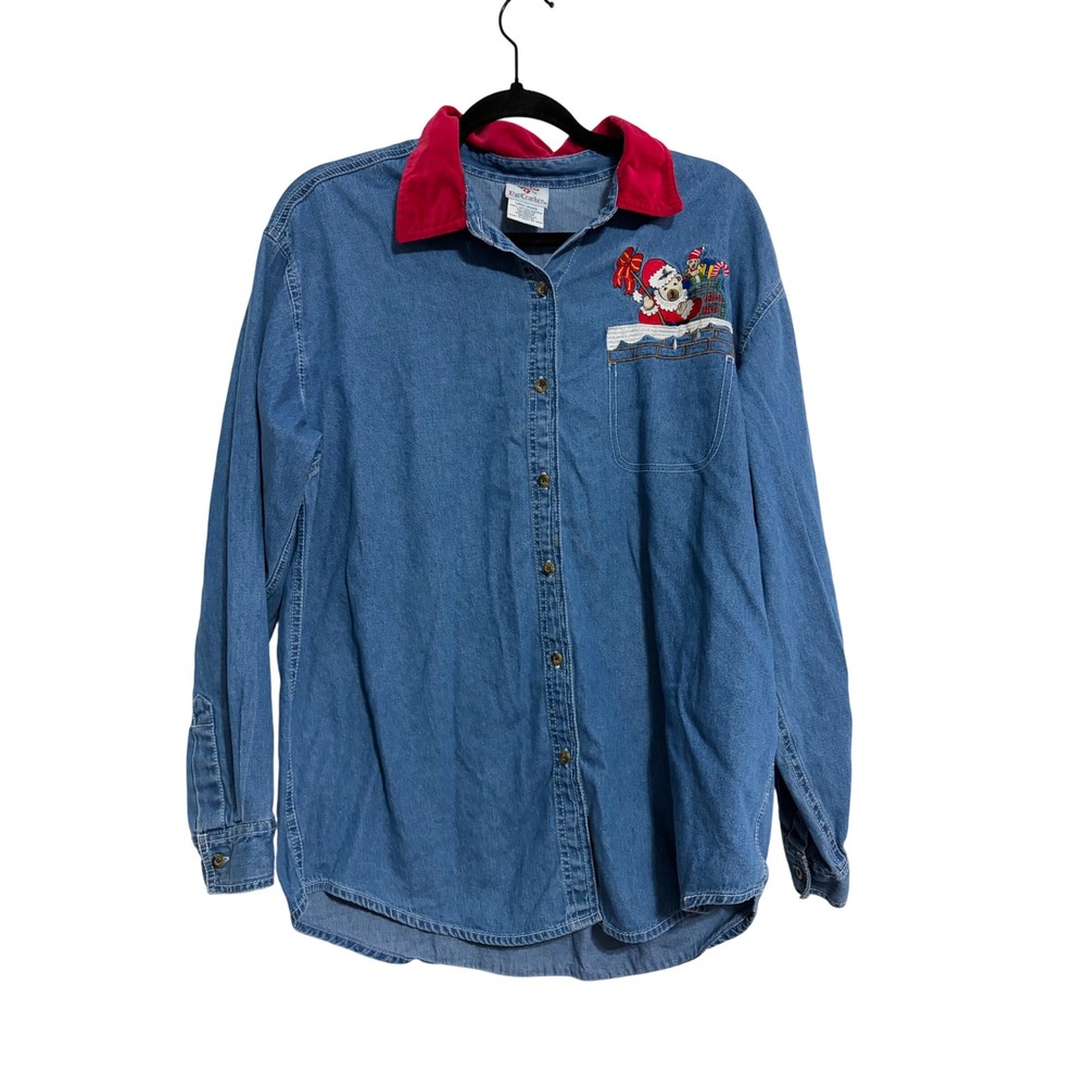 Nutcracker Denim Shirt Vintage Holiday Blue Red Velvet‎ Collar Santa Bear Large
